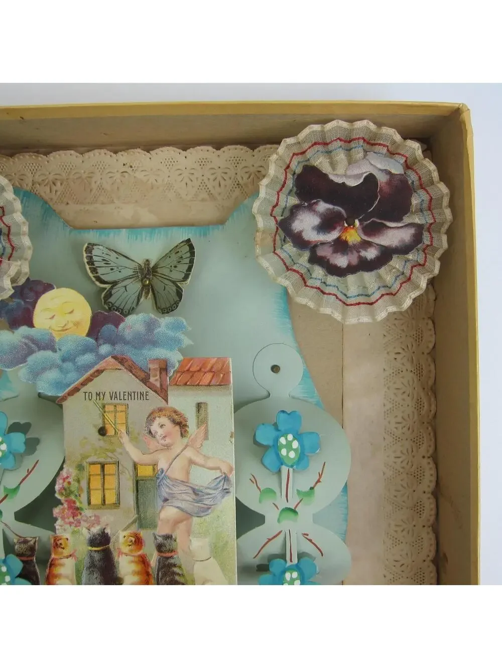 Antique Valentine 3D Cupid Cats Butterfly Moon Blue Fabric Large Store Box RARE